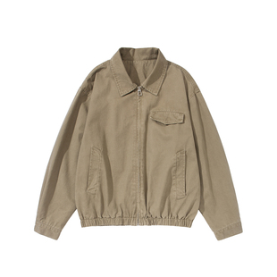 【巴恩风】卡其色水洗翻领夹克男生春秋季短款日系复古工装外套男