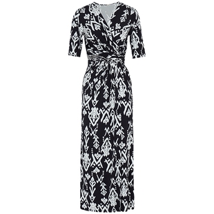 马天奴女印花V领短袖连衣裙收腰缝钻文艺坠感长裙子夏季新款时尚