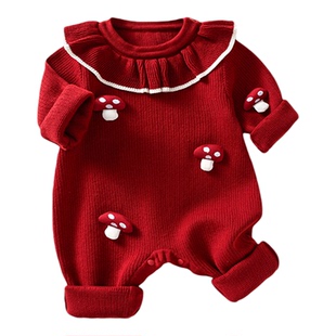 婴儿连体衣女宝洋气针织毛衣百天周岁红色过年公主礼服哈衣外出服