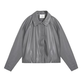 紫涵短款翻领深灰皮衣女士秋季新款高智简约通勤宽松下摆抽褶外套