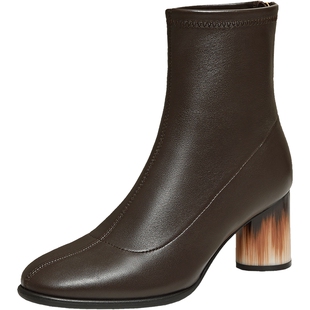 TATA他她靴子女2025冬季新款百搭时装靴黑色洋气高跟靴羊皮短筒靴