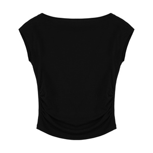 pusumede天菜angela 船领短袖t恤女设计感修身收腰针织小飞袖上衣