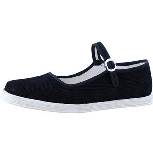 汪源黑色女鞋春秋单鞋防臭女浅口搭扣手工千层底透气灯芯绒布鞋女