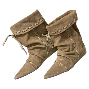 美拉德绑带折叠平底骑士靴尖头小众短靴早秋复古内增高褶皱堆堆靴