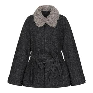 【翻领呢大衣】BiLLconch灰色毛领羊毛大衣外套宽松中长2025秋冬