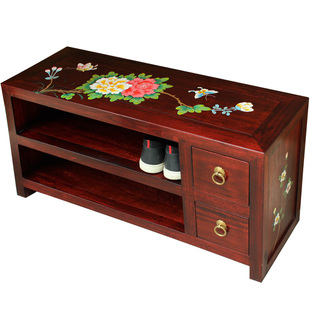 香樟木彩绘中式门厅换鞋凳实木储物凳客厅简约收纳穿鞋凳多层鞋架