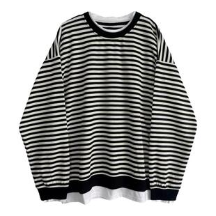 小众潮流！拼色减龄休闲韩式卫衣美式针织纹路条纹假两件上衣春秋