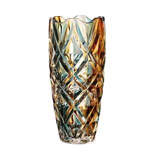 轻奢翡翠金水晶玻璃花瓶大圆口养富贵竹鲜花30cm金典客厅插花摆件