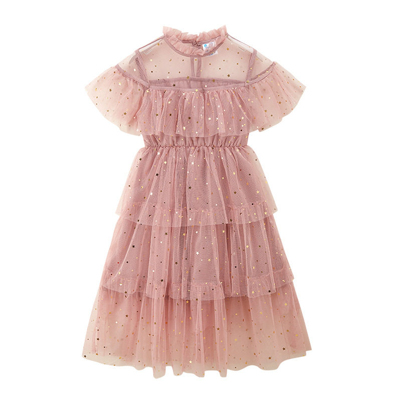 超仙女童连衣裙夏季儿童短袖礼服公主裙洋气中大童女孩星星网纱裙