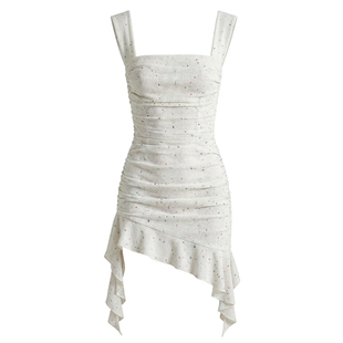 26法式吊带针织闪片连衣裙女收腰修身显瘦荷叶边不对称下摆气质裙