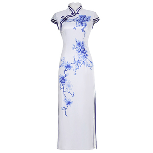 杭州真丝旗袍中长款2025夏秋新式少女青花瓷改良连衣裙优雅中国风
