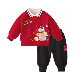 [2026新年]男童拜年套装加绒保暖2026新年款冬装小童红色儿童衣服