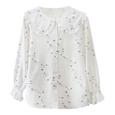 棉麻衬衫女法式小碎花娃娃领上衣