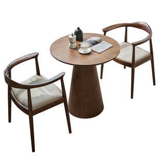 胡桃木实木小圆桌洽谈桌茶几简约休闲创意中古咖啡厅酒店接待圆桌