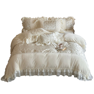 冬季法式仙女风加厚牛奶绒床上四件套蕾丝花边被套公主风床单床笠