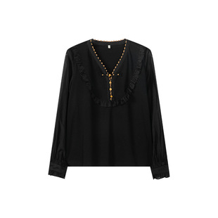 一城画一新款文艺范拼接上衣花边纯色短款时尚衫黑色