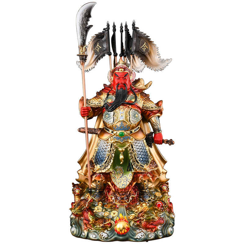 黄铜九龙关公神像摆件彩绘武财神客厅办公室供奉神像关羽铜像大号