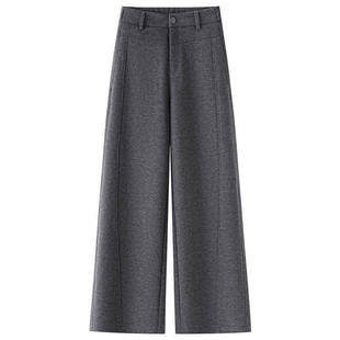 拉夏贝尔高级感米白色羊绒阔腿裤女秋冬2025新款宽松羊毛呢直筒裤