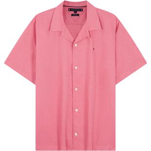 Tommy春夏男装棉亚麻混纺休闲海边度假风古巴领短袖衬衣衬衫外套