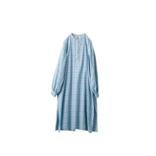 桑妮库拉/Sunny clouds纯棉灯笼袖格子衬衫裙中长裙浅蓝