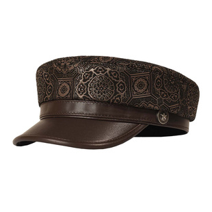 牧迪羊真皮平顶帽子男女短檐休闲轻奢老钱贝雷鸭舌帽羊皮宋锦印花