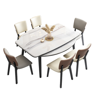 折叠岩板餐桌椅组合实木伸缩超晶石圆桌小户型轻奢可变圆桌吃饭桌