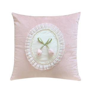 粉色爱心手工花朵抱枕奶油风刺绣可爱沙发靠枕床头飘窗腰枕靠垫套