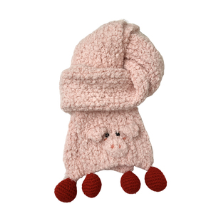 可爱粉色小猪针织毛线围巾女冬季2025新款保暖防寒毛绒护颈围脖