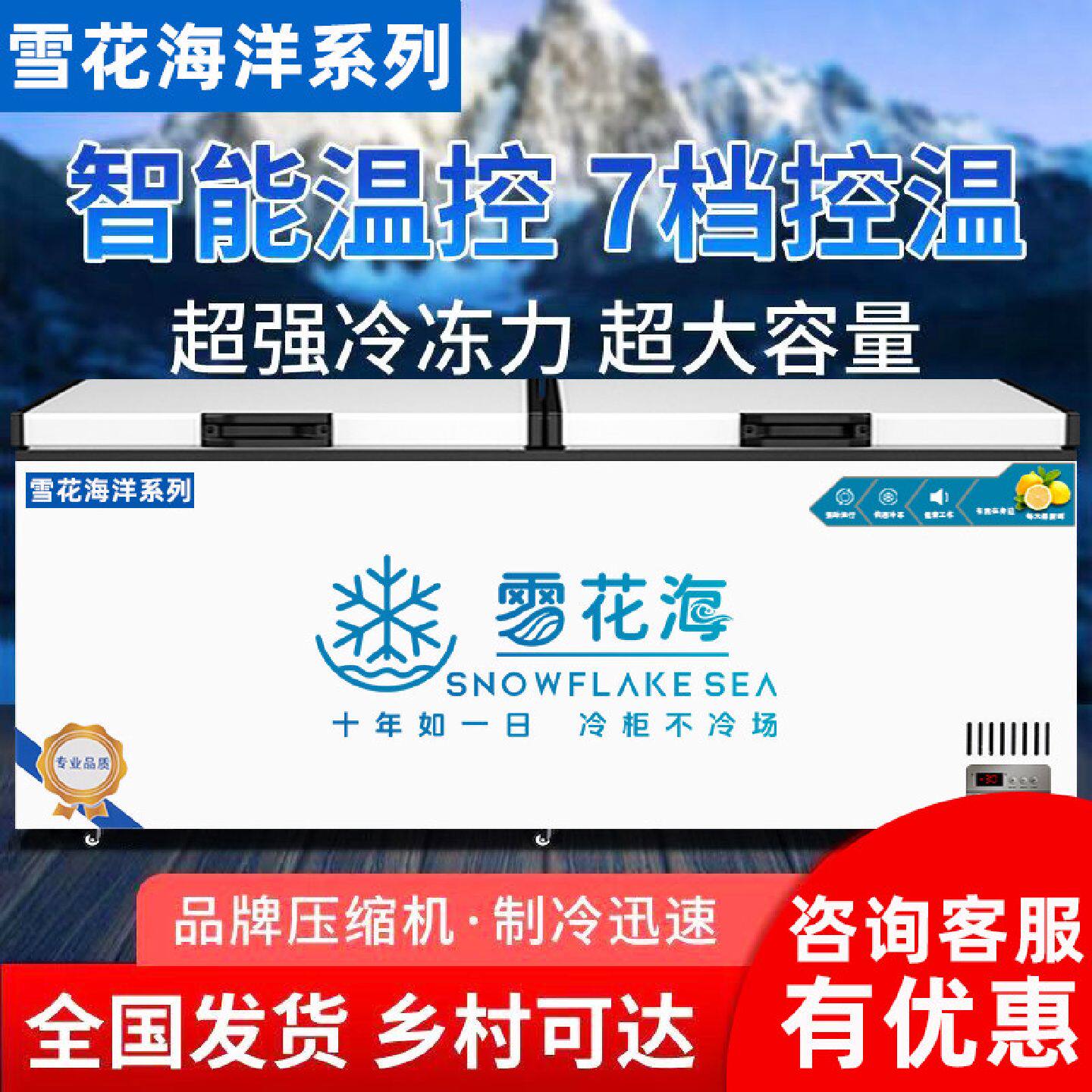 雪花海洋系列冰柜冷藏冷冻商用大容量铜管卧式节能冷冻柜单温双温