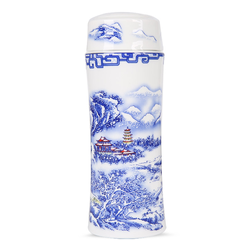 景德镇陶瓷保温杯男女茶杯水杯保温杯双层内胆青花瓷杯子礼品定制