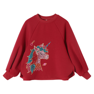 女童裤子红色卫衣加厚独角兽套装秋冬新款儿童圣诞过年套装拜年服