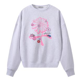 MARDI花朵时尚卫衣女米白圆领宽松套头少女甜心毛衣上衣通勤学生