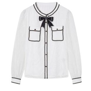 秋水伊人奥莱断码撞色甜美蕾丝衬衫上衣秋装拼接衬衫蝴蝶结上衣女