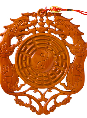 桃木中国结皮丘貔貅壁挂八卦镜