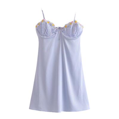 indulge me 淡水海边*夏季蓝花卉刺绣缎面性感露背吊带睡裙连衣裙