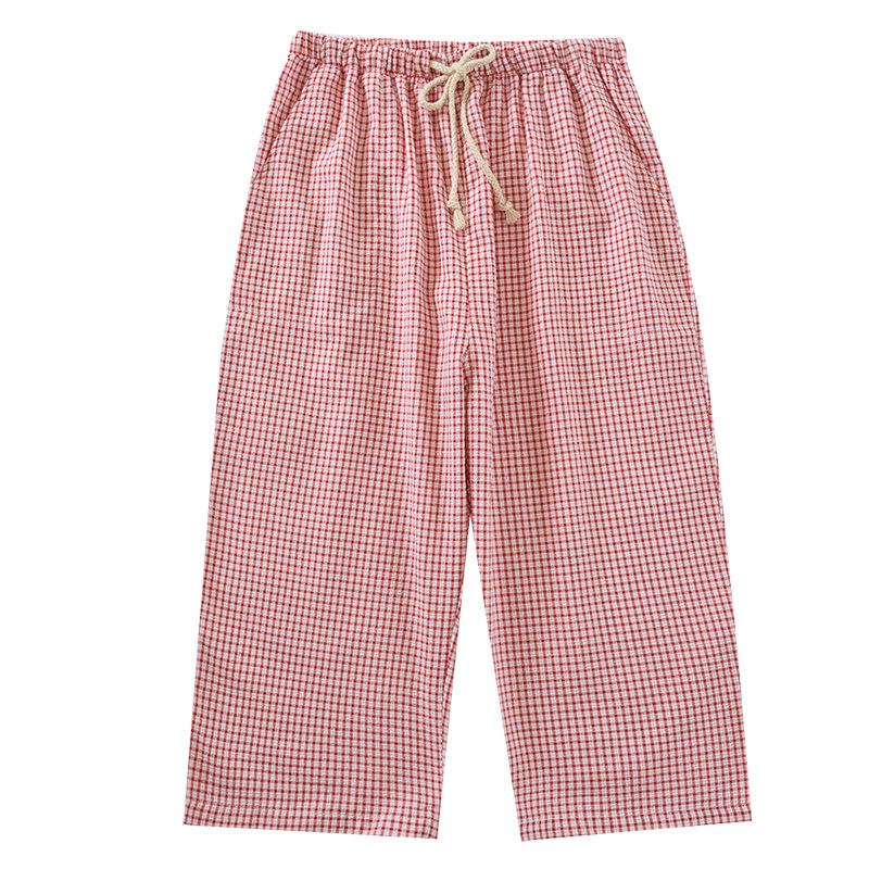 日系小格子纯棉七分裤女夏睡裤