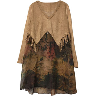 流苏鹿皮绒拼接雪纺衫女中长款2026春秋美背性感打底上衣时尚飘逸