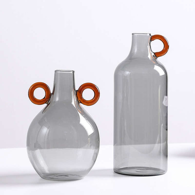 新款灰色双耳提手玻璃花瓶众家居水花瓶培装感高级软清新设计师小