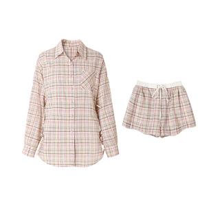 【桃夭曼塔】Uena美式复古粉紫色格纹侧边绑带衬衫休闲短裤套装女