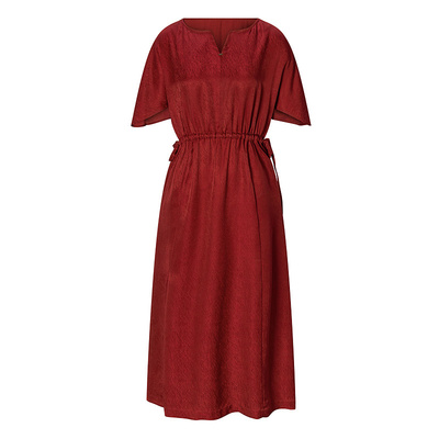 BCBG赤霞珠法式优雅气质再生纤维抽绳腰侧开叉红色连衣裙女夏款