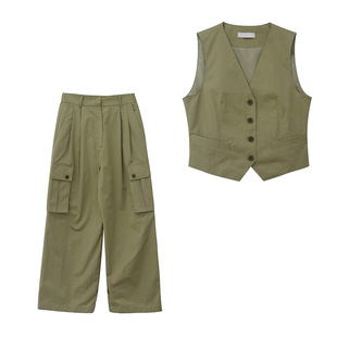 LONSLAN新款百搭绿色气质坎肩褶皱无袖背心拖地宽松工装裤子套装
