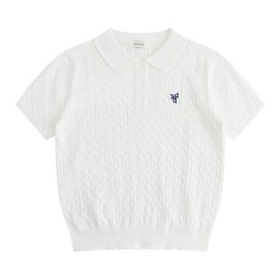 LINHOUSE法式polo衫麻花短袖薄休闲翻领白色复古针织衫t恤上衣女