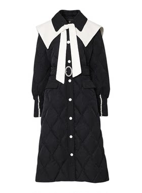 2025冬季新款气质翻领可拆卸披肩珍珠织带装饰黑色中长羽绒服