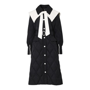 2025冬季新款气质翻领可拆卸披肩珍珠织带装饰黑色中长羽绒服