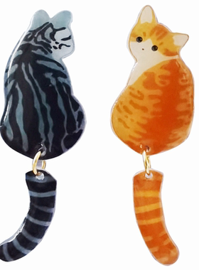 可爱卡通虎斑猫咪吊尾巴纯银耳钉
