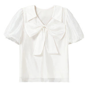 秋水伊人洋气漂亮蝴蝶结雪纺衫2026夏季新款女花苞袖减龄短袖上衣
