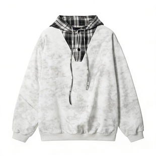 2026春季新款美式风格子拼接假两件连帽卫衣男潮牌宽松外套百搭