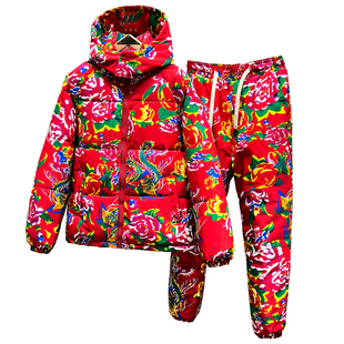 东北大花袄套装男大童冬季学生大码棉衣裤国潮外套牡丹花亲子棉服