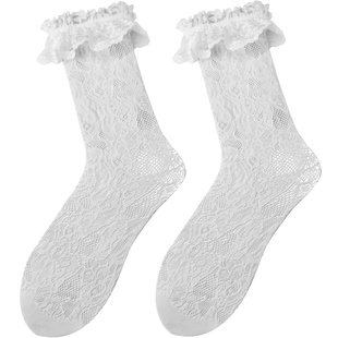 配长靴子的丝袜女春秋蕾丝过膝袜白色洛丽塔小腿袜jk花边袜子黑色