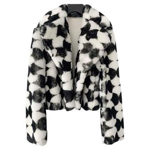 JACQUES WEI设计师品牌LOOKNOW秋冬羊皮毛黑白印花夹克女